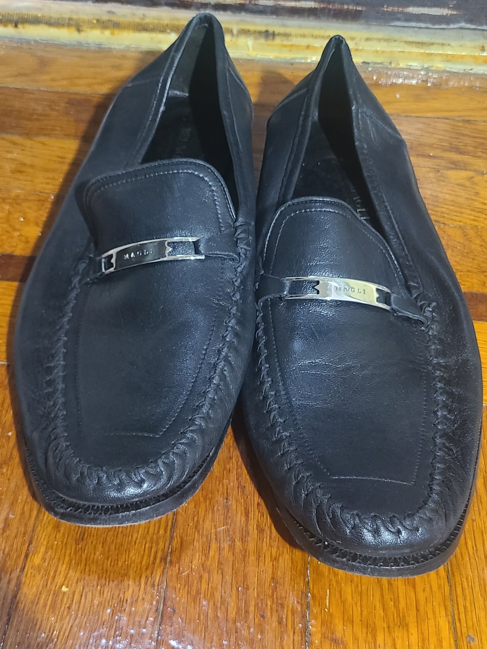 Bruno Magli Black Leather Slip-On Moccasin Loafers with Metal Bit